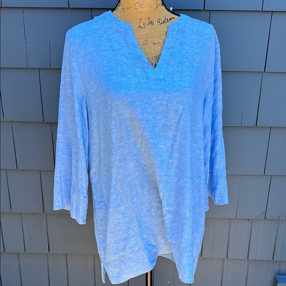 Lands' End Blue Tunic Wrap Top with 3/4 Sleeves medium pockets